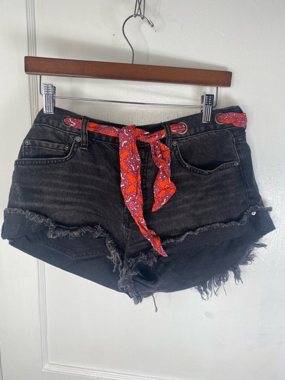 Free People We The Free Black Shashed Grommet Denim Shorts w Red Bandana Tie